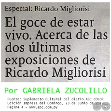 EL GOCE DE ESTAR VIVO. ACERCA DE LAS DOS ÚLTIMAS EXPOSICIONES DE RICARDO MIGLIORISI - Por GABRIELA ZUCOLILLO - Domingo, 23 de Junio de 2019 